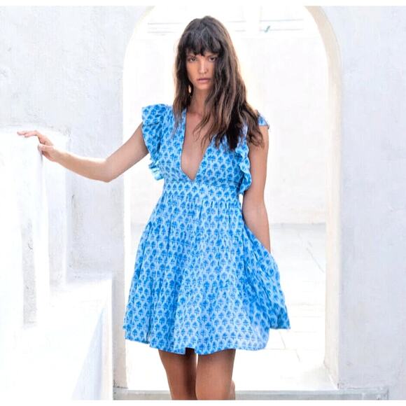 NWT Oliphant Small Blue Boho Quiet Luxury Flowy Vacation Cotton Unique Dress - Picture 1 of 14